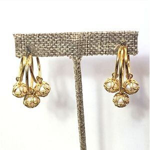 GOLDTONE Leverback Hoop & Caged Beads Earrings